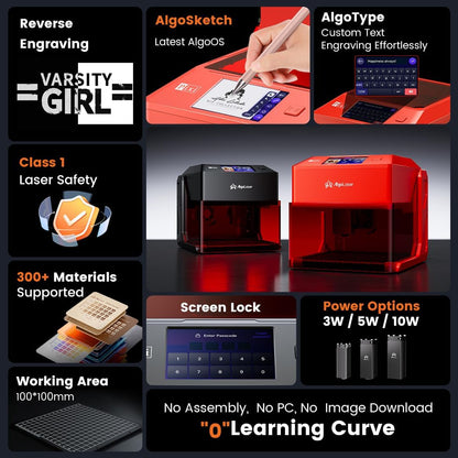 AlgoLaser 5W Laser Engraver Machine: Portable & Smart with 3.5" Touch Screen, Hand Drawing/Wireless/SD Card/Offline Engraving, AlgoOS 2.0 Self Developed System for Wood, Acrylic, Leather