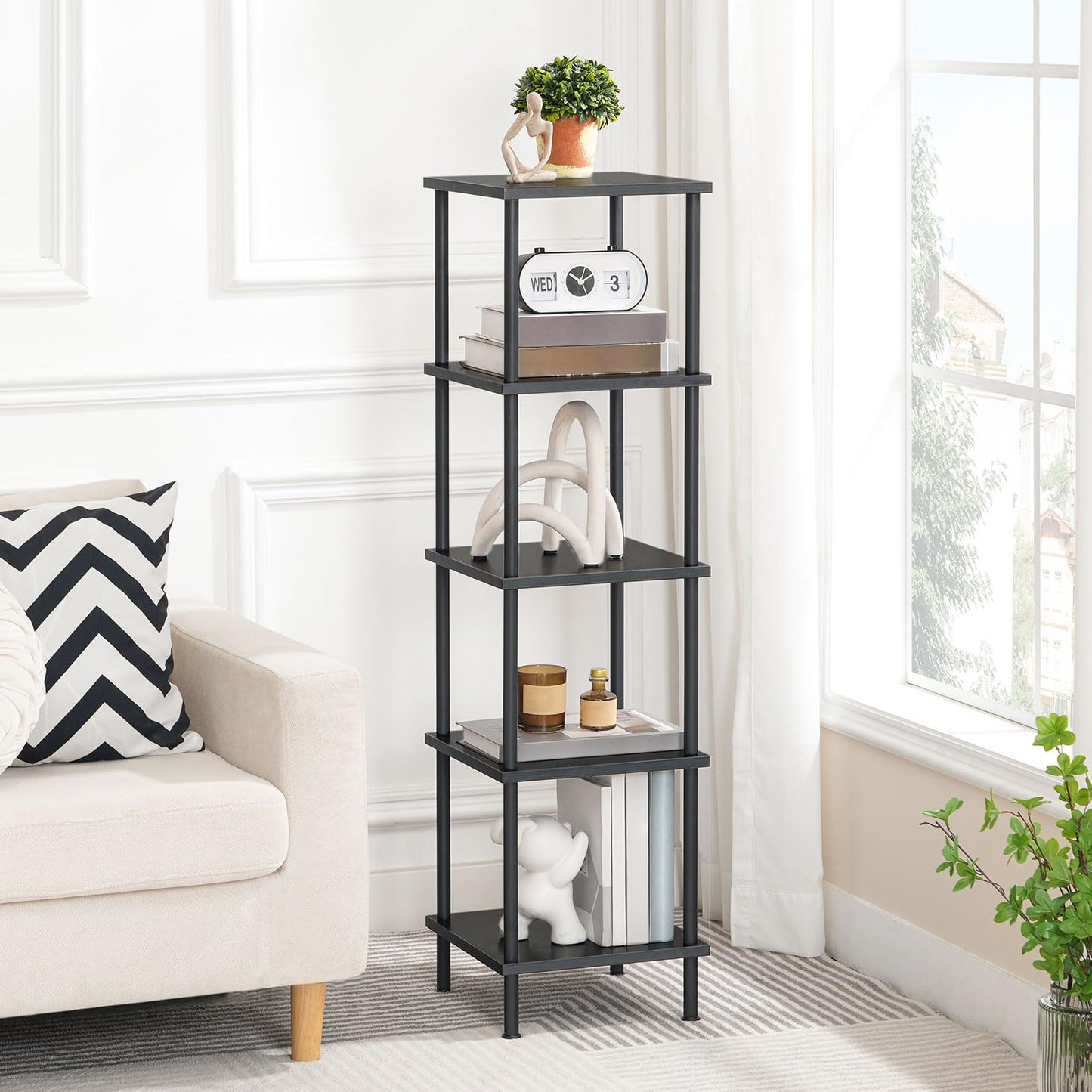 HOOBRO 5-Tier Corner Shelf Stand, Corner Square Rack Display Shelf, Tall Storage Rack Plant Stand, Corner Bookcase for Small Spaces, Living Room, Home Office, Kitchen, Black BK50CJ01