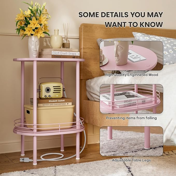 DGSANDGO Pink Side Table with Charging Station, Side Tables Living Room