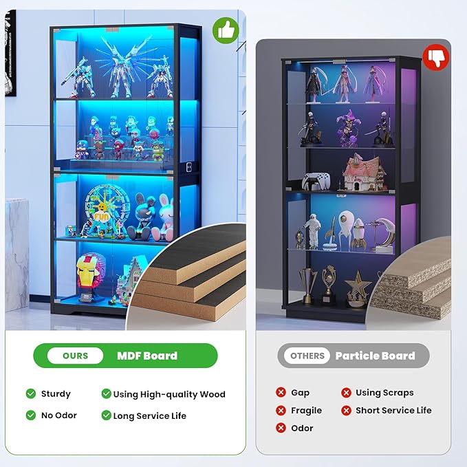BROTTAR Display Cabinet with Glass Doors, 4-Tier Curio Cabinet with 3 Color