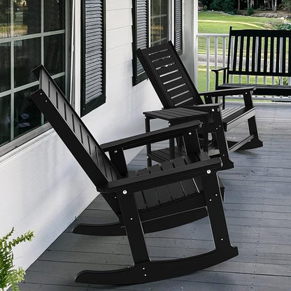 GREENVINES Outdoor Rocking Chairs | Set of 4 | Porch Rocker | HDPE Plastic | Black | Oversized Rockers | High Back | Big & Tall | Ladder Back | for Patio Outside Backyard Balcony Garden