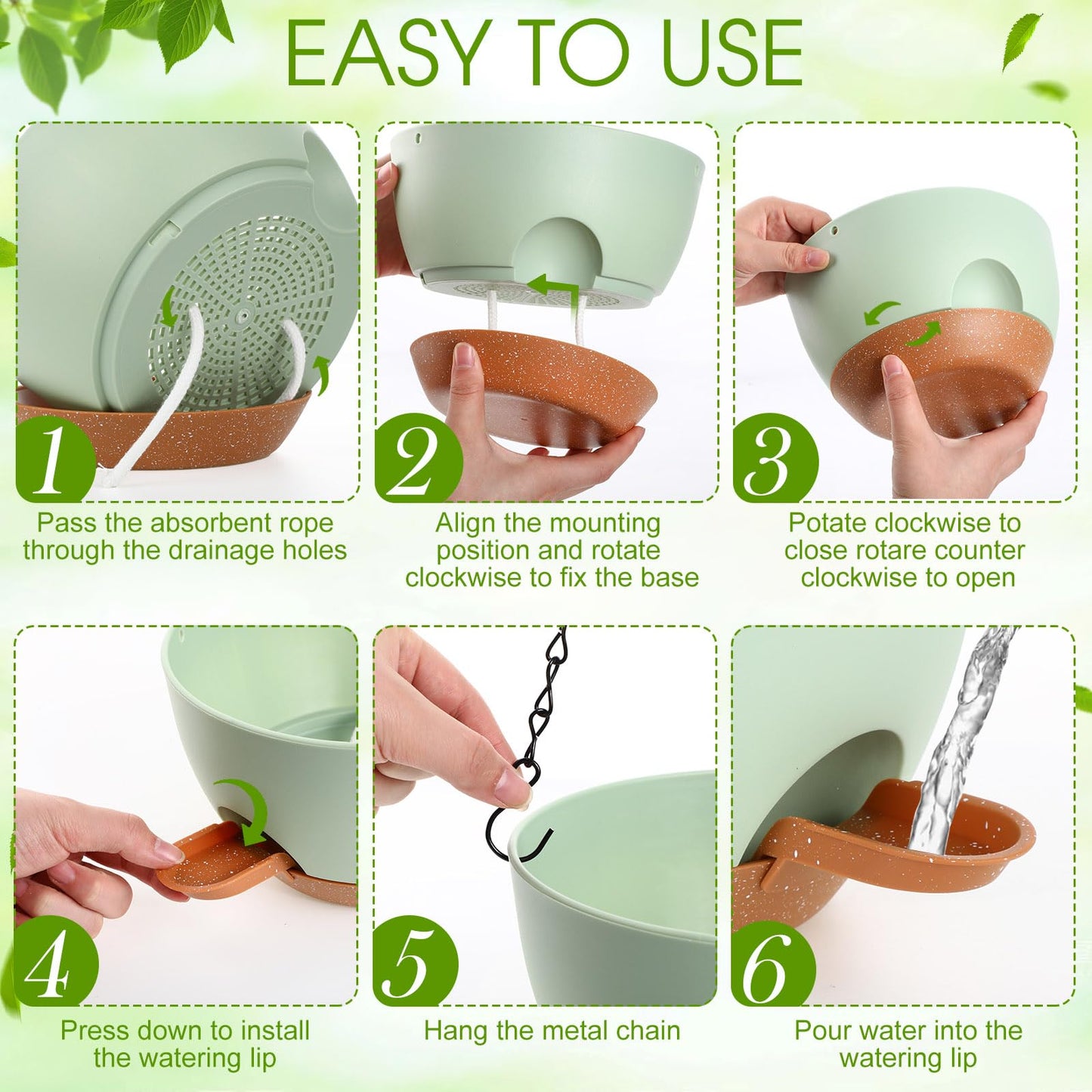 Ferrochef 6 Pack Hanging Planter Set 12/10/8 Inch Plastic Self Watering Hanging Baskets Plant Pot with Drainage Holes and Chain for for Indoor Outdoor Garden Porch Plants
