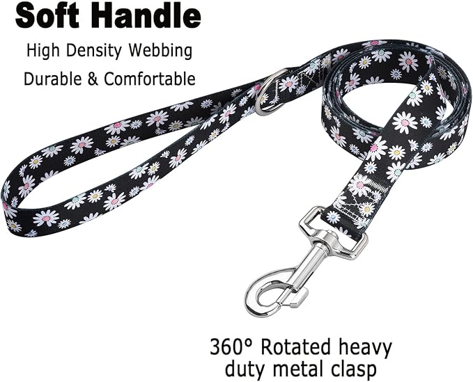 MarukoPet Dog Collar and Leash Set, Adjustable for Small Medium Large Dogs Puppy, Cute Design with Bohemia Floral Tribal Geometric Patterns Boys Girls Dog Collar(Black Daisy Set,L)