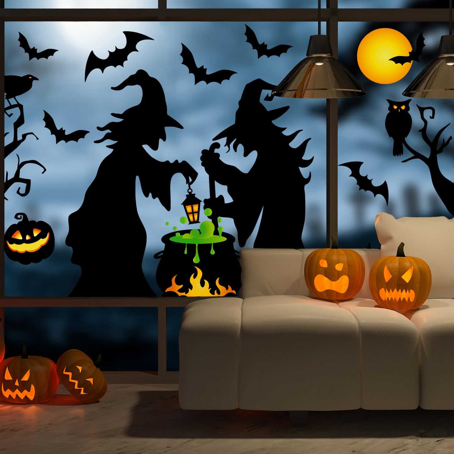 JarThenaAMCS Extra Large Halloween Window Clings Witch Black Bat Cauldron Window Stickers Hocus Pocus Double-Sided Glass Decal for Indoor School Home Office Party Decor Supplies, 4 Sheets