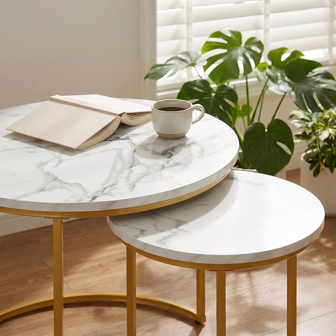 Round Nesting Coffee Table Set of 2, Modern Marble Pattern Wooden Nesting Tables