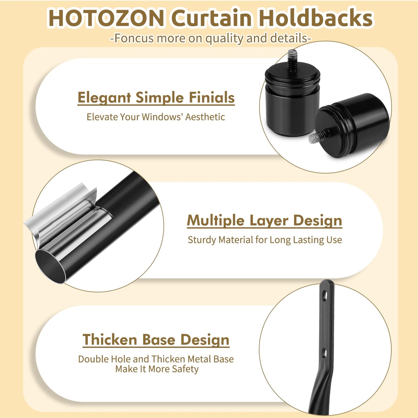 Curtain Holdbacks 2 Pack, HOTOZON Decorative Curtain Tieback with Screws Wall Mounted, Curtain Hooks for Drapes with Simple End Finials, Black (1 Pair/2 Pack), Large