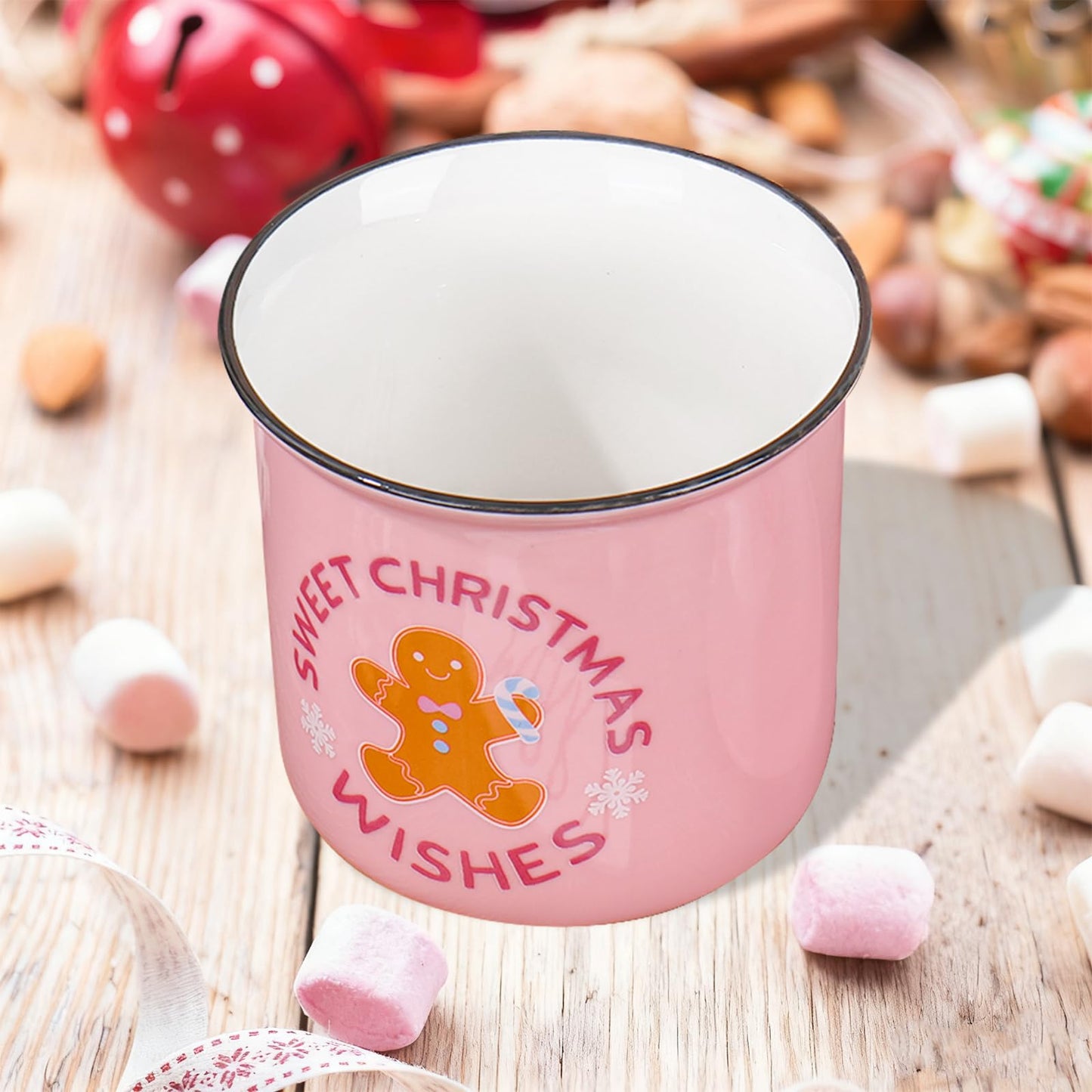 JarThenaAMCS Christmas Mini Ceramic Canister Mini Jar Pink Brown Gingerbread Man Candy Bowl with Lid Buffalo Plaid Bow Wooden Beads for Xmas Winter Home Table Centerpiece Decor Storage Accessory
