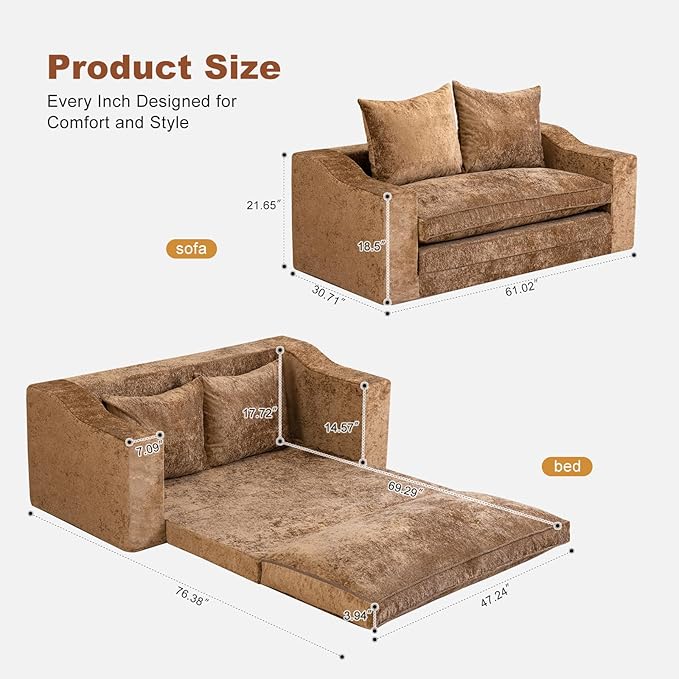 61" Convertible Sofa Bed Loveseat, Memory Foam Boneless Floor Couch