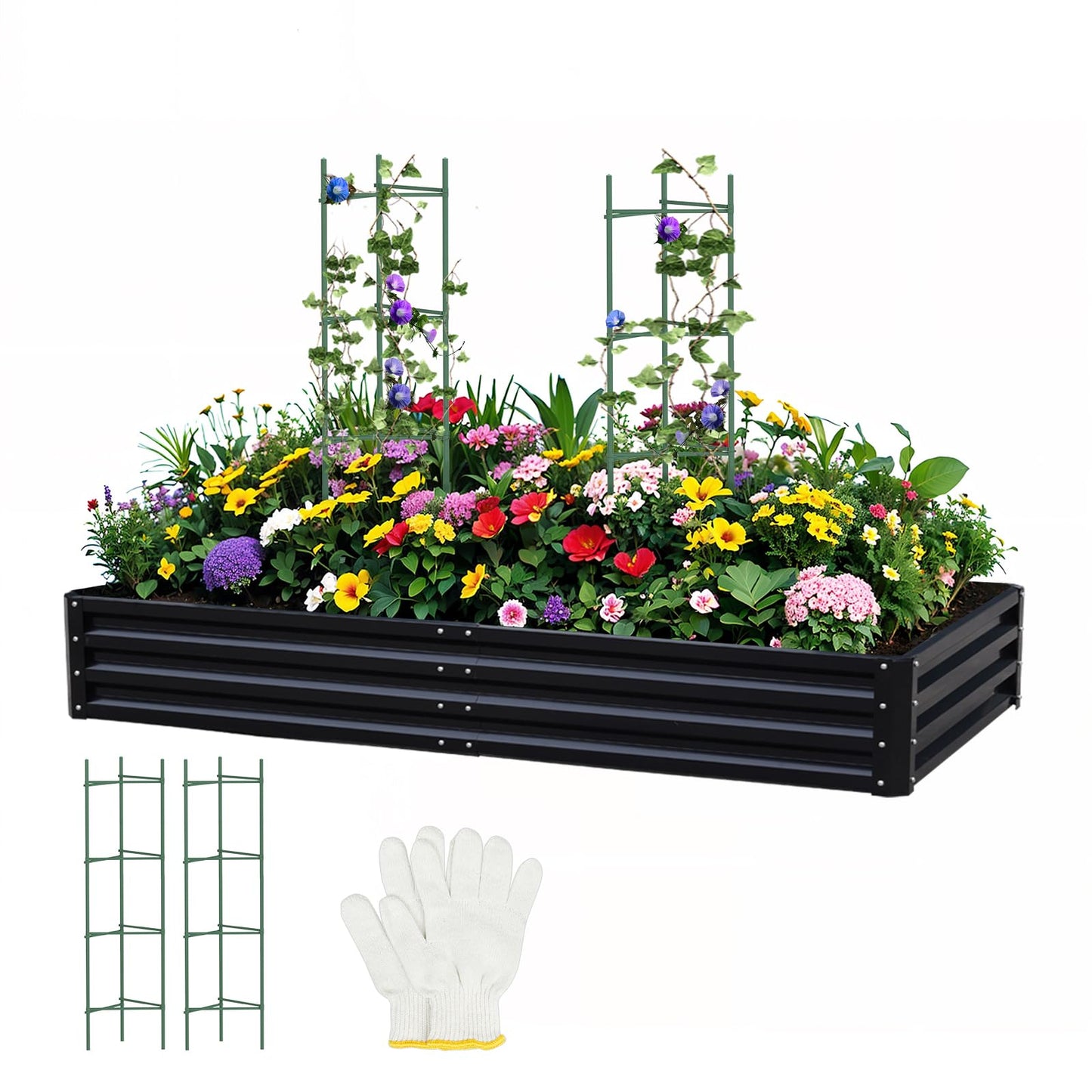 PICNICNI Metal Raised Garden Bed 8x4x1Ft Outdoor Large Metal Galvanized Planter Boxes Kit for Vegetables, Flowers, and Herbs,Garden Beds with 2Pcs Tomato Cage 1Pc Gloves,Black