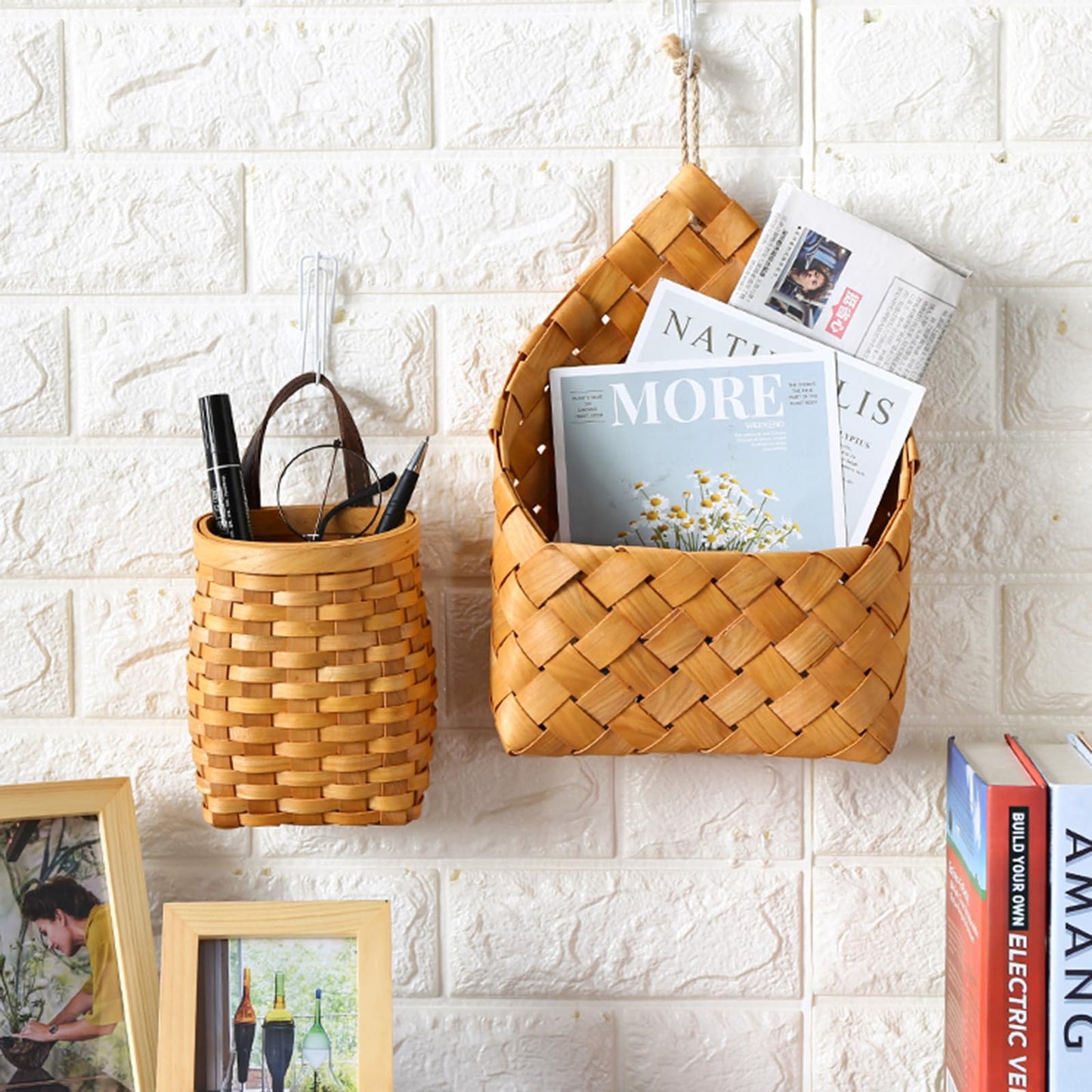 Hanging Basket Hanging Wicker Baskets, Hand-Woven Wood Storage Basket Portable Wall Hanging Flower Basket Organizer Fruit Vegetable Rattan Storage Holder Basket Container Home Decoration