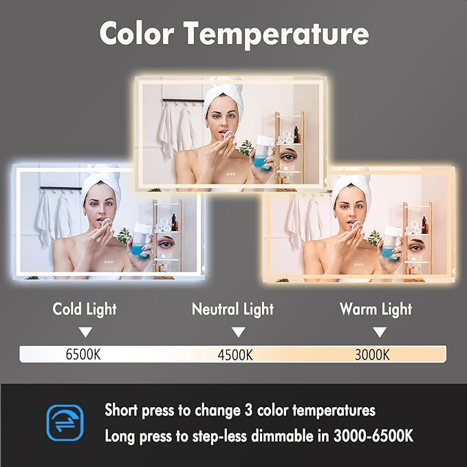 60 x 36 Inch Smart LED Bathroom Mirror，Dimmable Front + Backlit Illumination