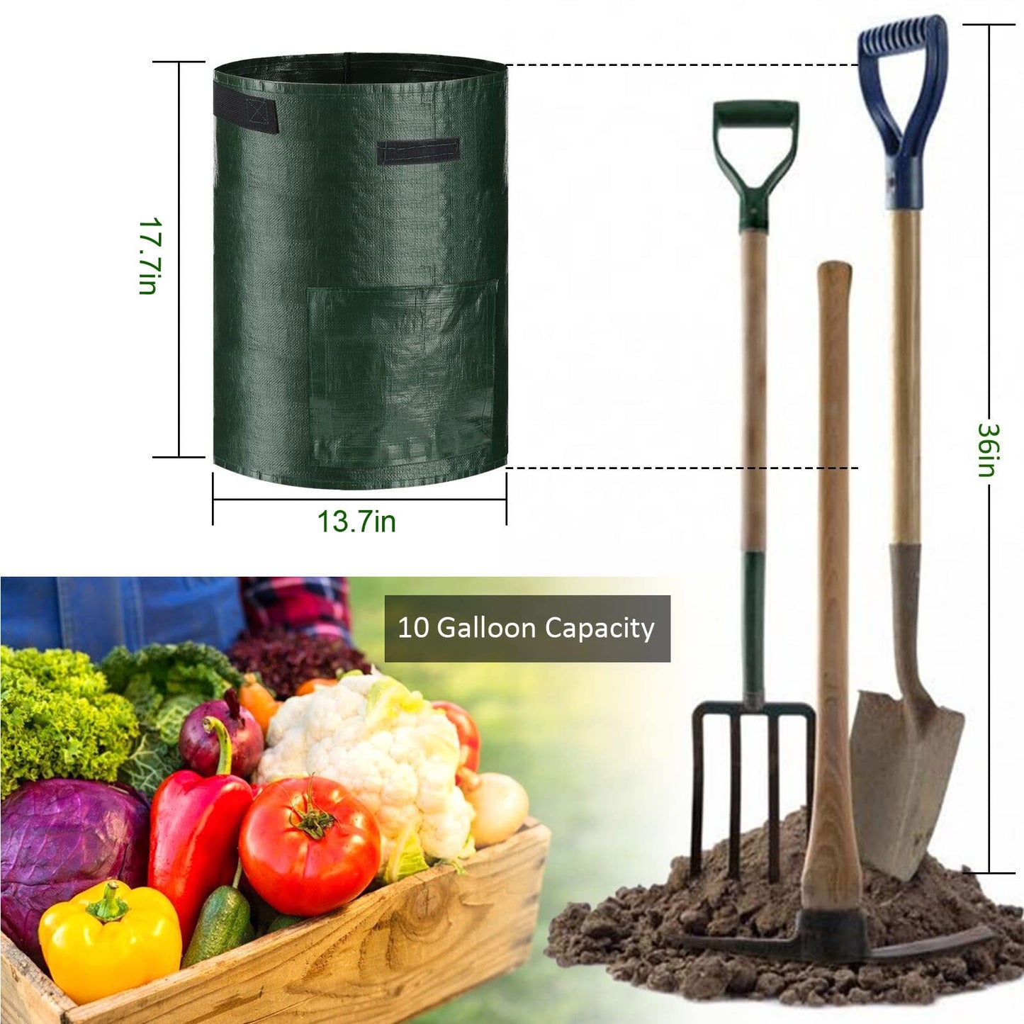 JJGoo Potato Grow Bags, 4 Pack 10 Gallon with Flap and Handles Planter Pots for Onion, Fruits, Tomato, Carrot - Green