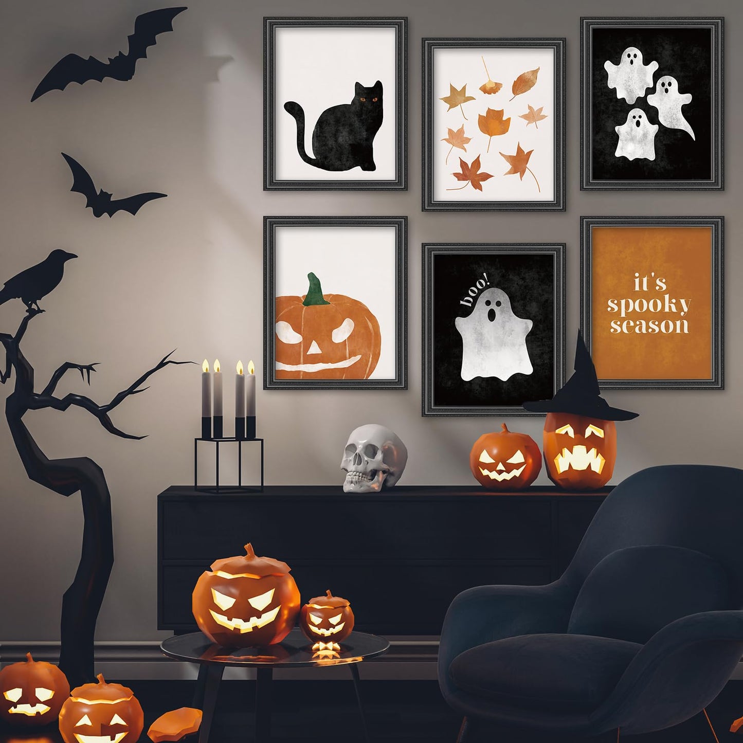 JarThenaAMCS 12Pcs Halloween Wall Art Prints Boho Ghost Pumpkin Black Cat Art Poster Black Orange Wall Decor For Fall Gallery Living Room Bedroom, UNFRAMED, 11 x 14 Inch