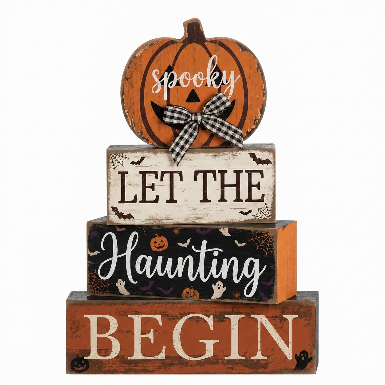 4 Pcs Halloween Table Decorations Pumpkin Bow Tiered Tray Decor Farmhouse Rustic Wooden Block Signs Spooky Halloween tabletop Centerpiece for Home Kitchen Mantel Shelf