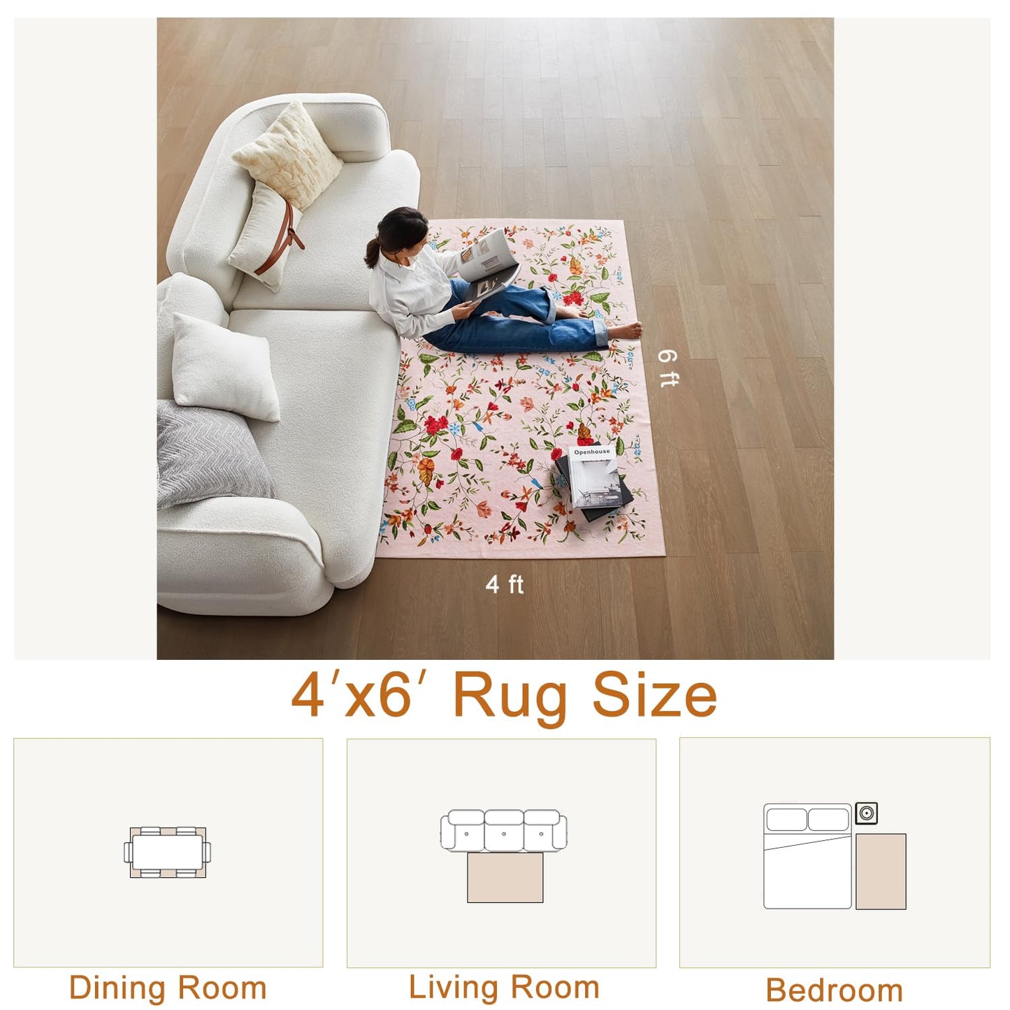 Triohero Bedroom Rug 4x6 Washable Non Slip Area Rug Bohemian Carpet Stain Resistant Spillproof Polyester Floral Area Rug Foldable Pet & Kid Friendly 4x6 Rug for Living Room, Bedroom, Kitchen