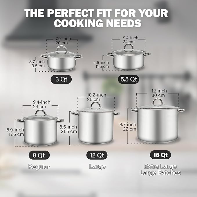 Cook N Home Basics 3 Quart Stainless Steel Stock Pot with Lid, Cooking Pot for Pasta, Soup, Sturdy Handle, Stockpot with Even Heating, Oven & Dishwasher Safe, Cookware for Canning, Boiling, Simmer