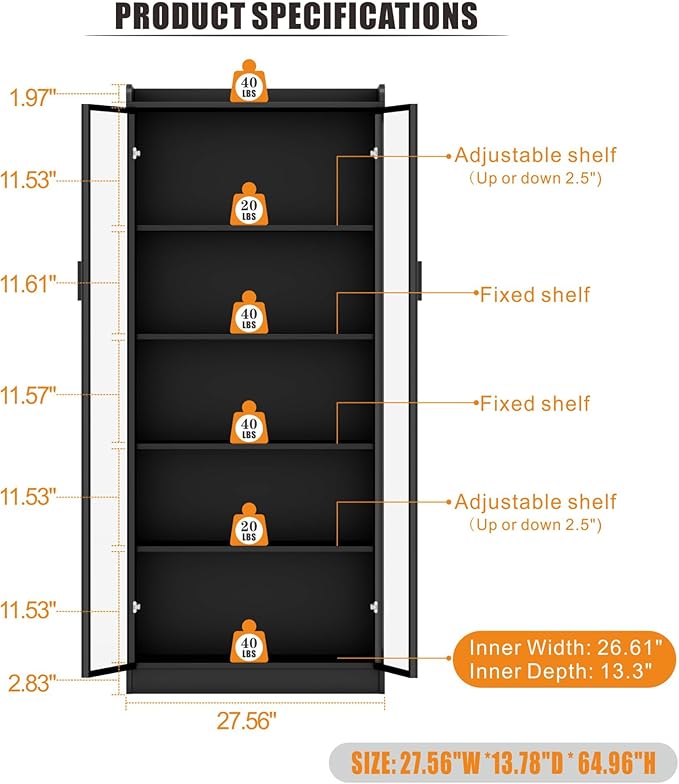 Dystler Display Cabinet with Doors and Adjustable Shelves, 5 Tier Display Case