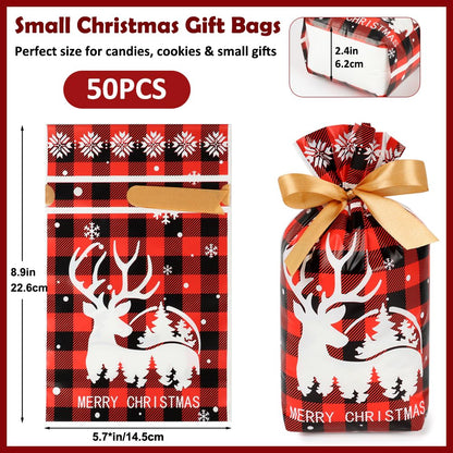 Shintop 50PCS Christmas Treat Bags with Drawstring, 5.9x9inch Buffalo Plaid Small Gift Bags Plastic Holiday Candy Pouches for Cookies Goodie Snacks Party Favors (Red & Green)