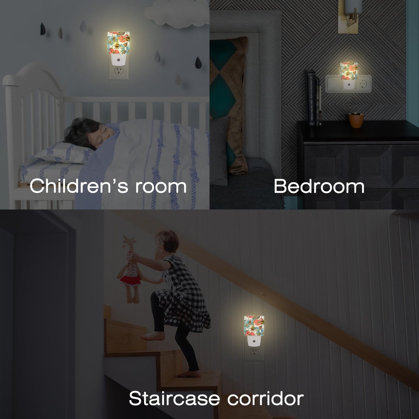 Red Poppy Flowers with Bee Butterflies Night Light for Kids,Bright Floral Insects Night Light Plug in with Dusk to Dawn Sensor,0.5w Energy Saving Nightlight for Hallway Stairway Kitchen Bedroom