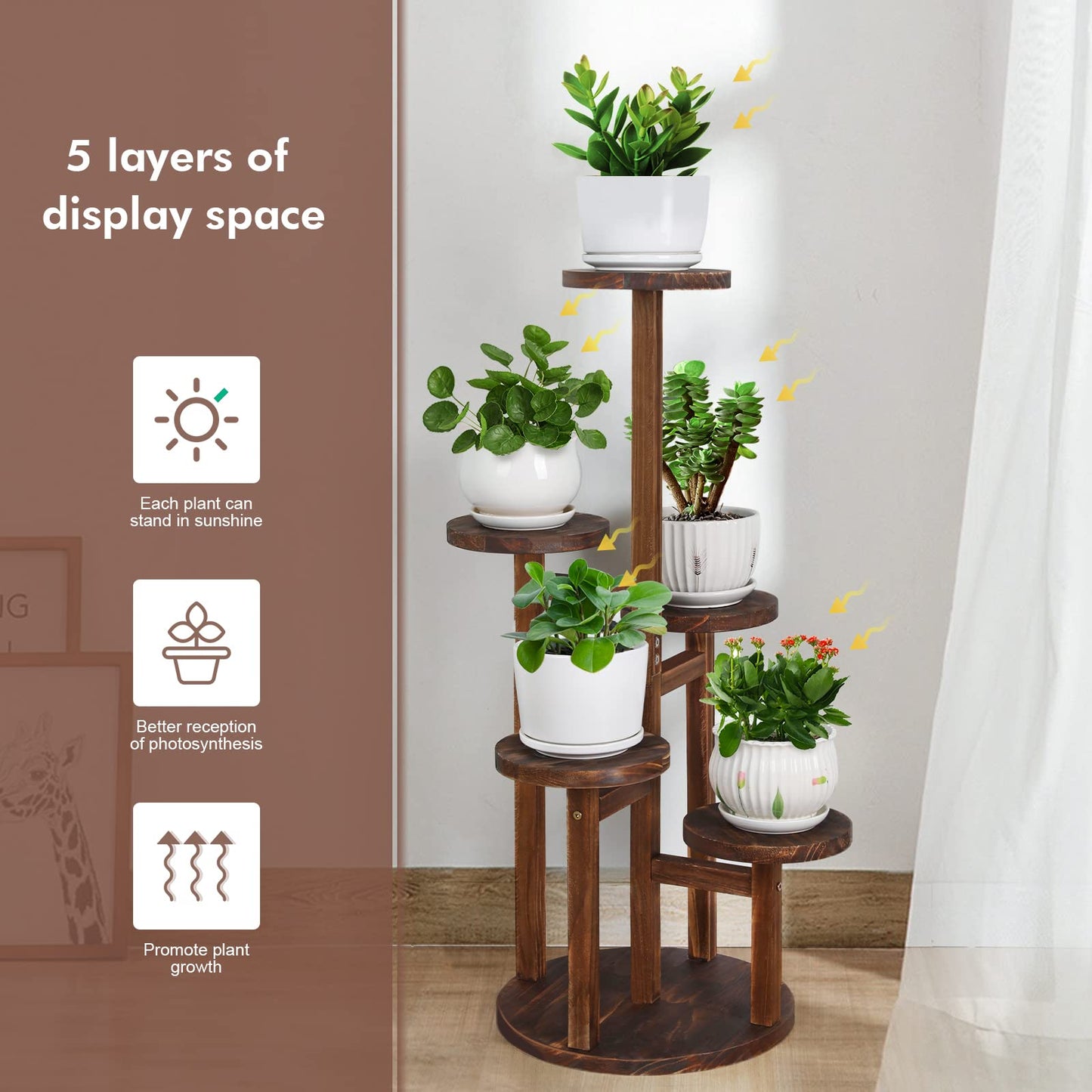 Jotboom 5 Tier Plant Stand Indoor, Tall Wood Corner Plant Shelf for Multiple Plants, Multi-tiered Flower Pot Holder Display Rack for Living Room, Balcony, Patio (Carbonized Brown)