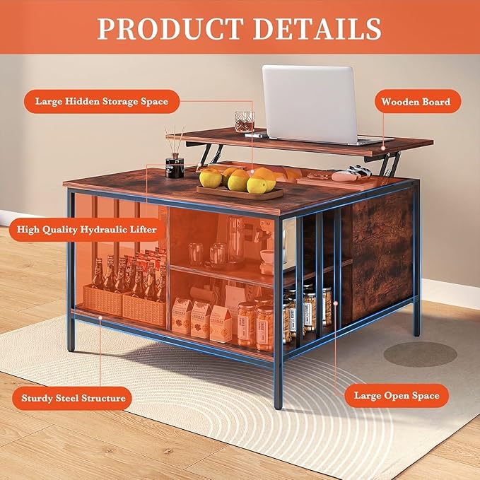 Coffee Table with Storage, Lift Top Coffee Table with Display Shelf and Hidden