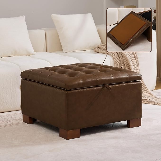 WUTUTUEE 30" Faux Leather Square Storage Ottoman