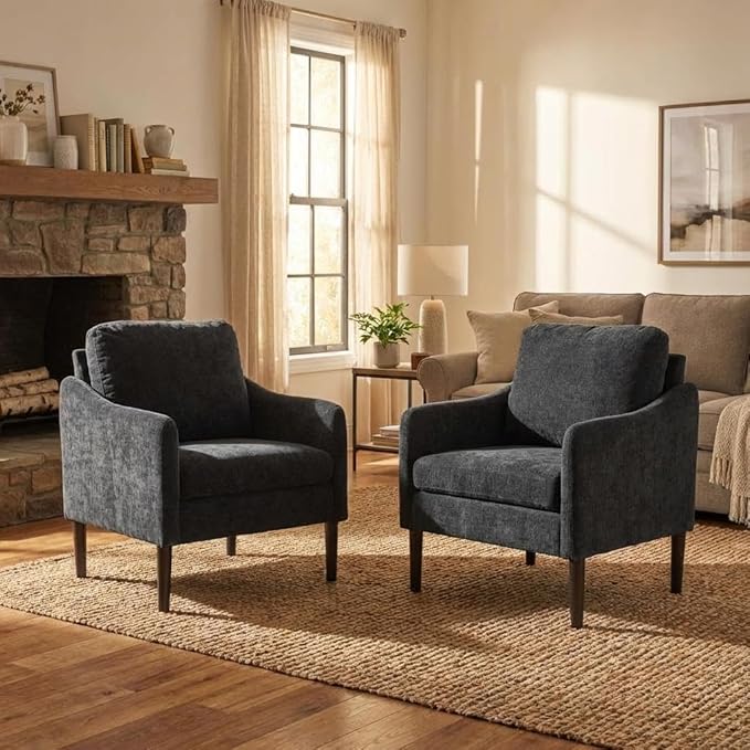 2PCS Mid Century Modern Accent Chair, Chenille Fabric Armchair