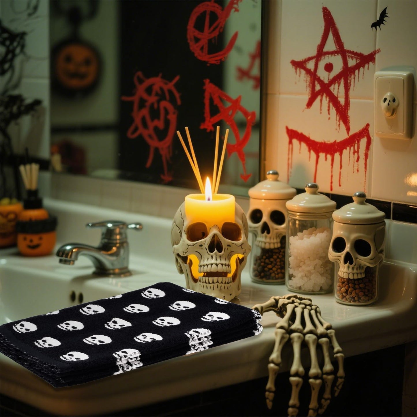 Whaline Halloween Skull Hand Towels Black White Cotton Bathroom Towel Absorbent Bath Towel for Drying Cleaning Cooking, 29.5 x 13.4 Inch, 2Pcs