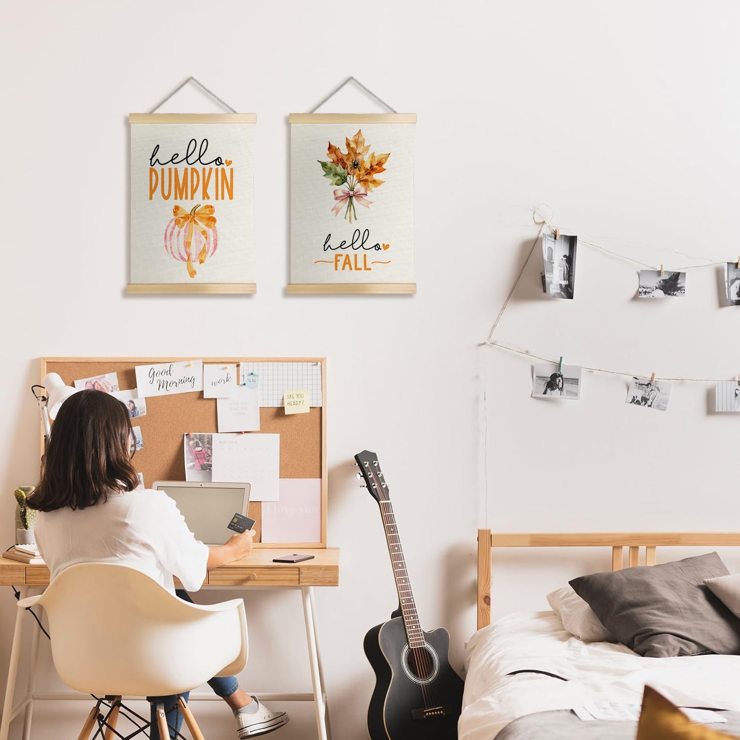 JINYO Hello Fall Pumpkin Maple Leaf Wall Art Poster, Preppy Fall Decor, Hello Pumpkin Autumn Canvas Prints Wall Decor for Home Living Room Kitchen Office, 12x16 Inches Set of 2