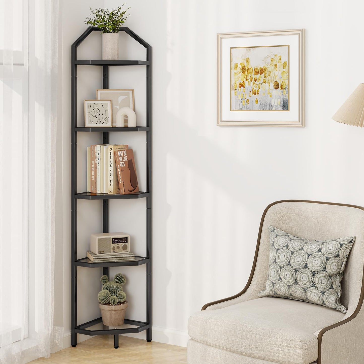 5 Tier Corner Wall Shelf Stand, 66" Metal Corner Shelves Bookshelf Display Shelf for Living Room Decor, Tall Plant Stand Multi Unit Organizer, Standing Shelf for Bedroom,Bathroom,Small Space (Black)