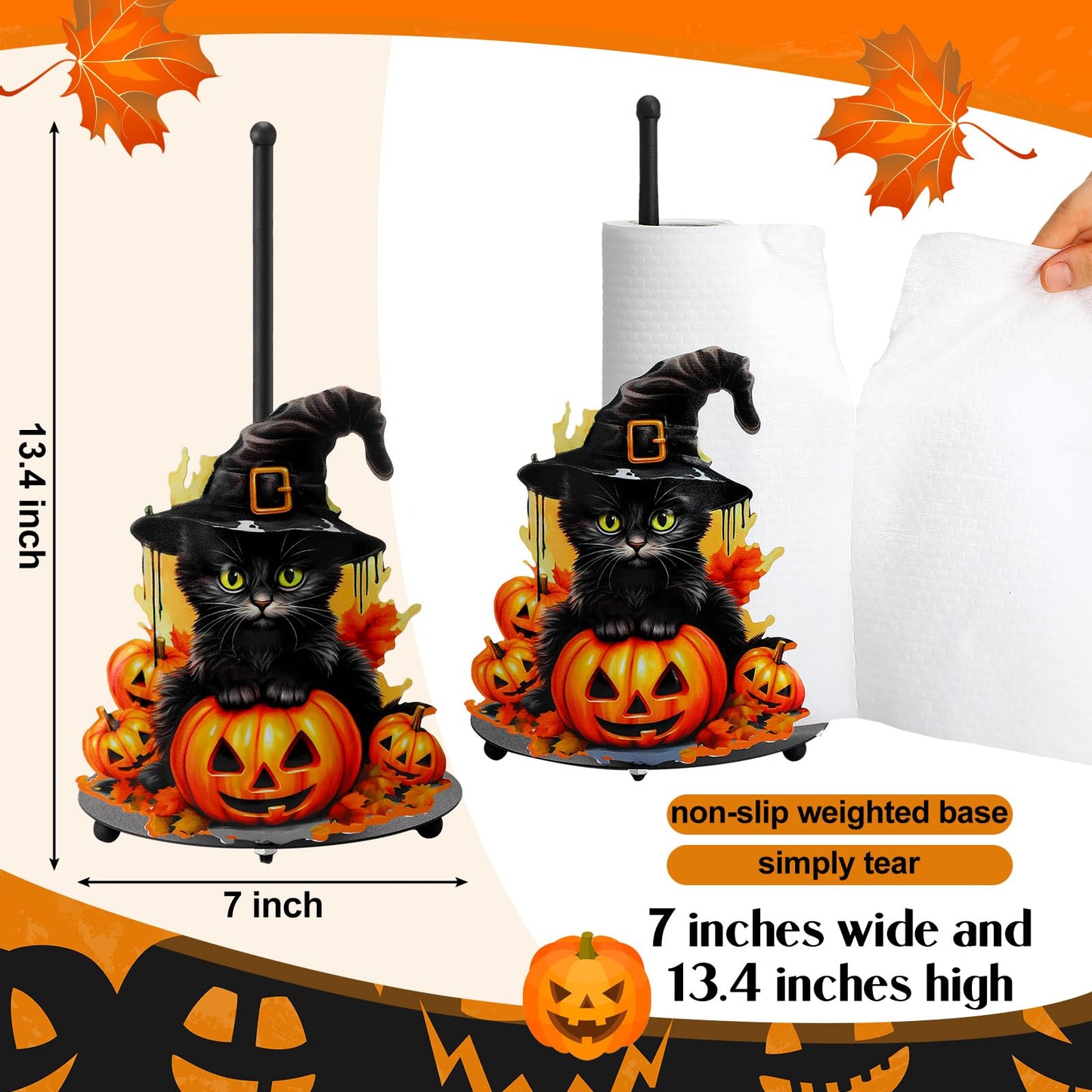 MorningRo Halloween Black Cat Paper Towel Holder Metal Halloween Kitchen Decor Accessories Farmhouse Pumpkin Paper Towel Stand for Countertops Bathroom Cat Pumpkin Gifts