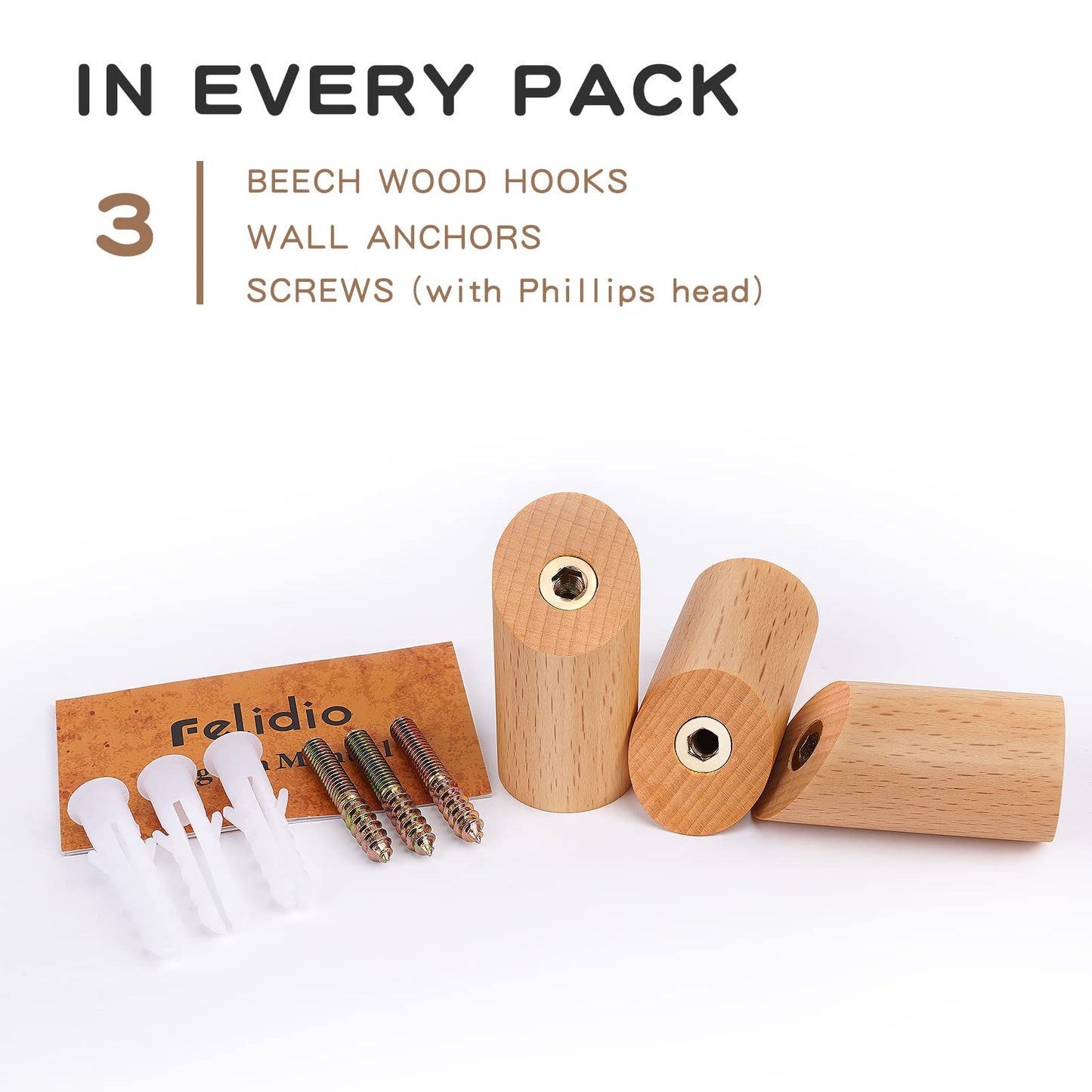 Felidio Wood Wall Hooks, 3 Pack Rustic Coat Hook Wall-Mounted, Decorative Hooks for Hanging Coats Hats Towels Robes Hat Rack for Wall (Beech Wood)