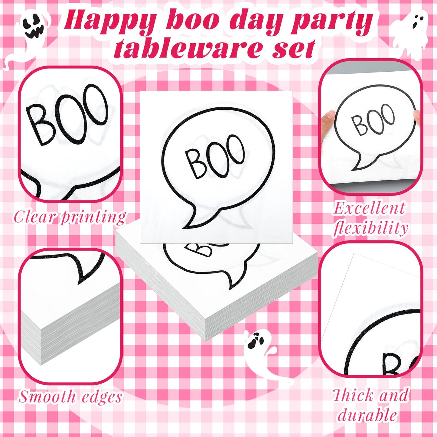 Yungyan 144 Pcs/24 Set Summer Halloween Paper Plates and Napkins Boo Ghost Plates Pink Cups with Forks and Knife Halloween Party Tableware Set for Spooky Birthday Party Decoration Boo Baby Shower