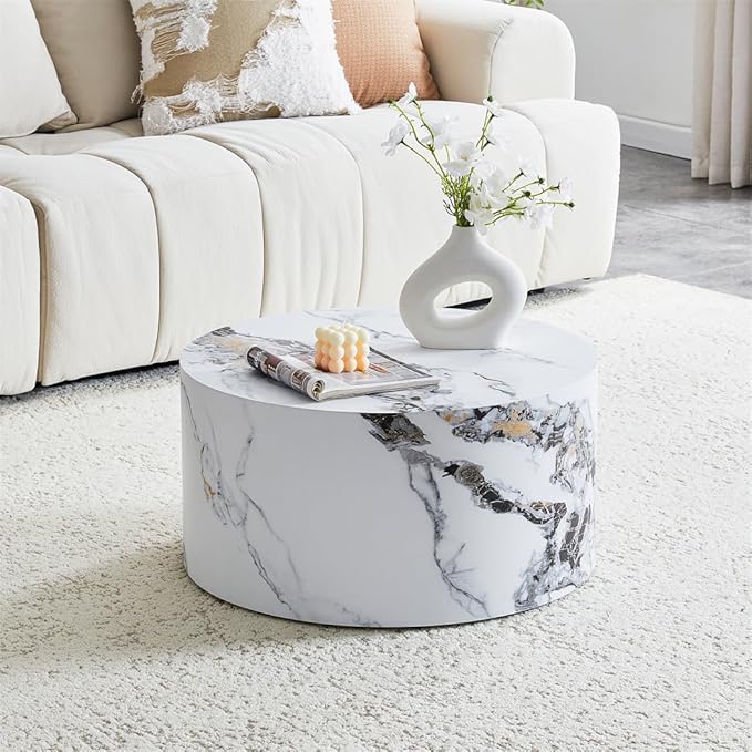 Round Coffee Table Living Room Table, Modern White Faux Marble Center Couch