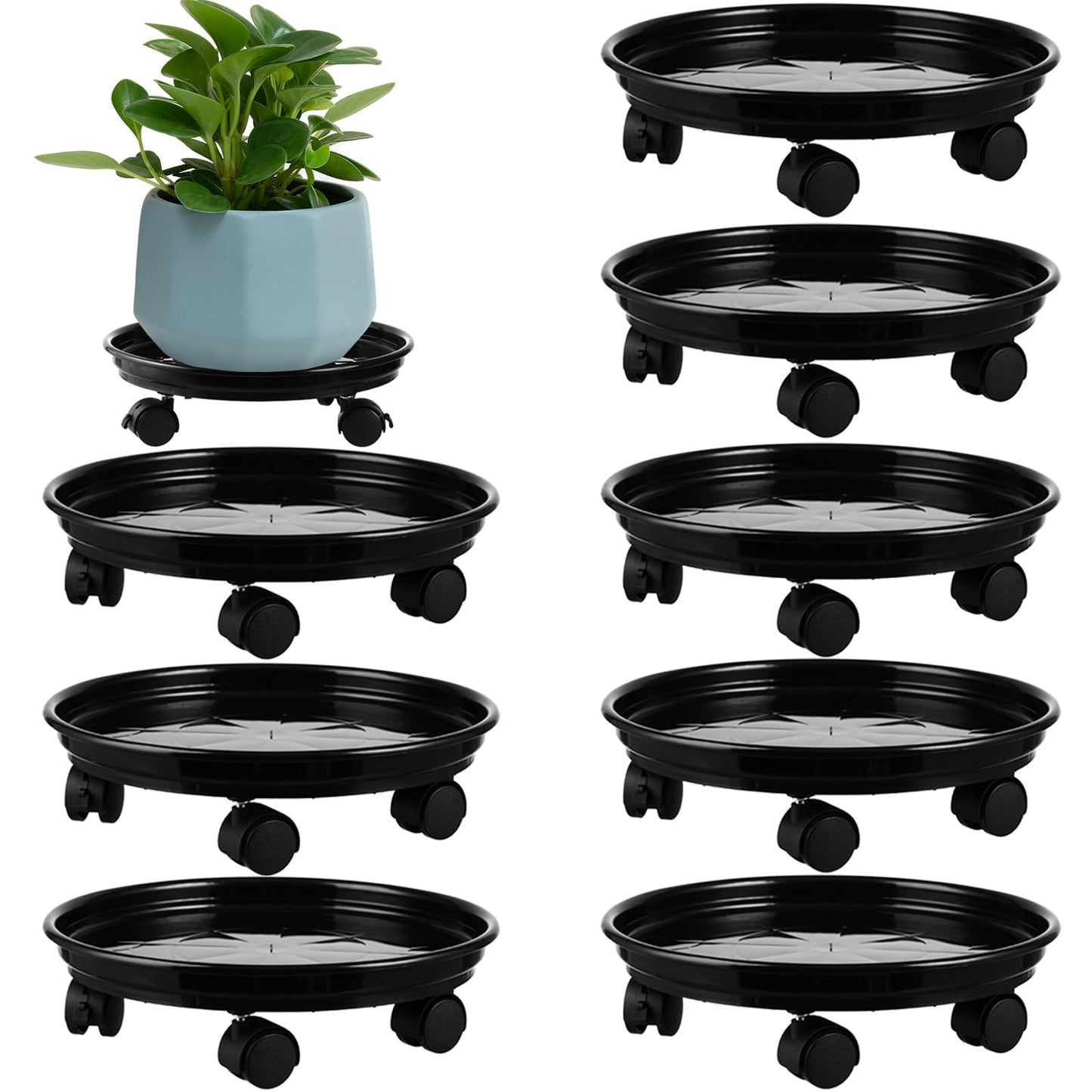 8 Packs Plastic Plant Caddy with Wheels 12” Heavy-Duty Rolling Plant Stand with Wheels Plant Dolly with Casters for Indoor and Outdoor Plant Roller Base Plant Saucer Mover, Black