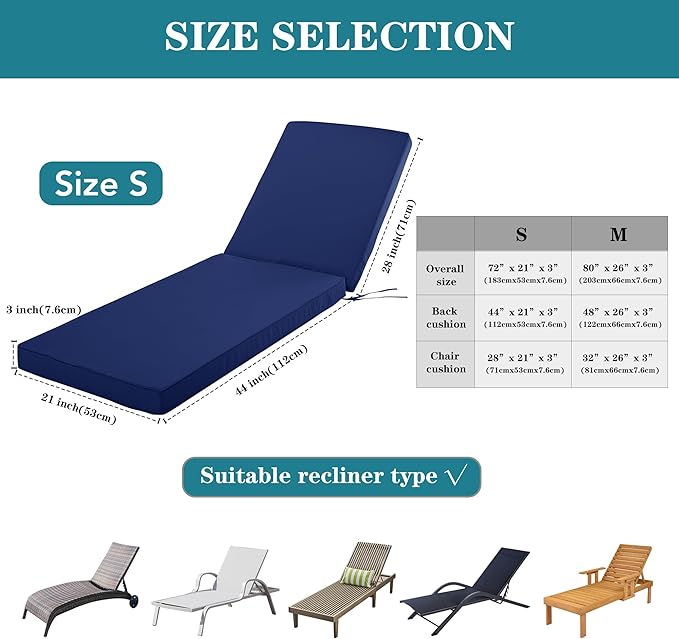 Chaise Lounge Cushion for Outdoor Furniture, Waterproof Fade and Tear Resistant