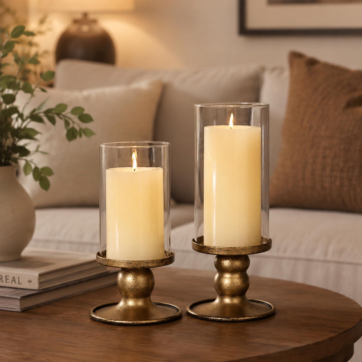 NITIME 2pcs Hurricane Candle Holder for Pillar Candles, Antique Brass Iron Candle Holders with Clear Glass Sleeve for Table Centerpieces, Pillar Candle Holders for Home, Wedding Decor