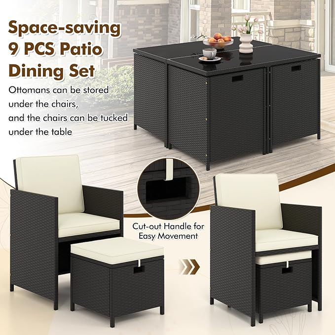 Tangkula 9 Pieces Outdoor Dining Furniture Set, Space-Saving Wicker Rattan