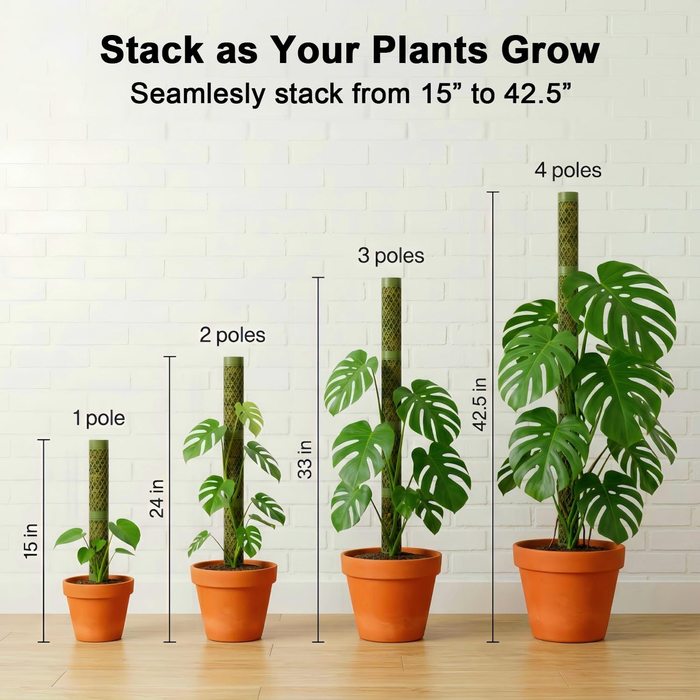 Moss Pole Monstera Plant Support - 42.5" Stackable D-Shape Stakes for Indoor Plants - No-Rot Plastic Sticks & Tall Trellis for Pothos Climbing Vines Houseplant