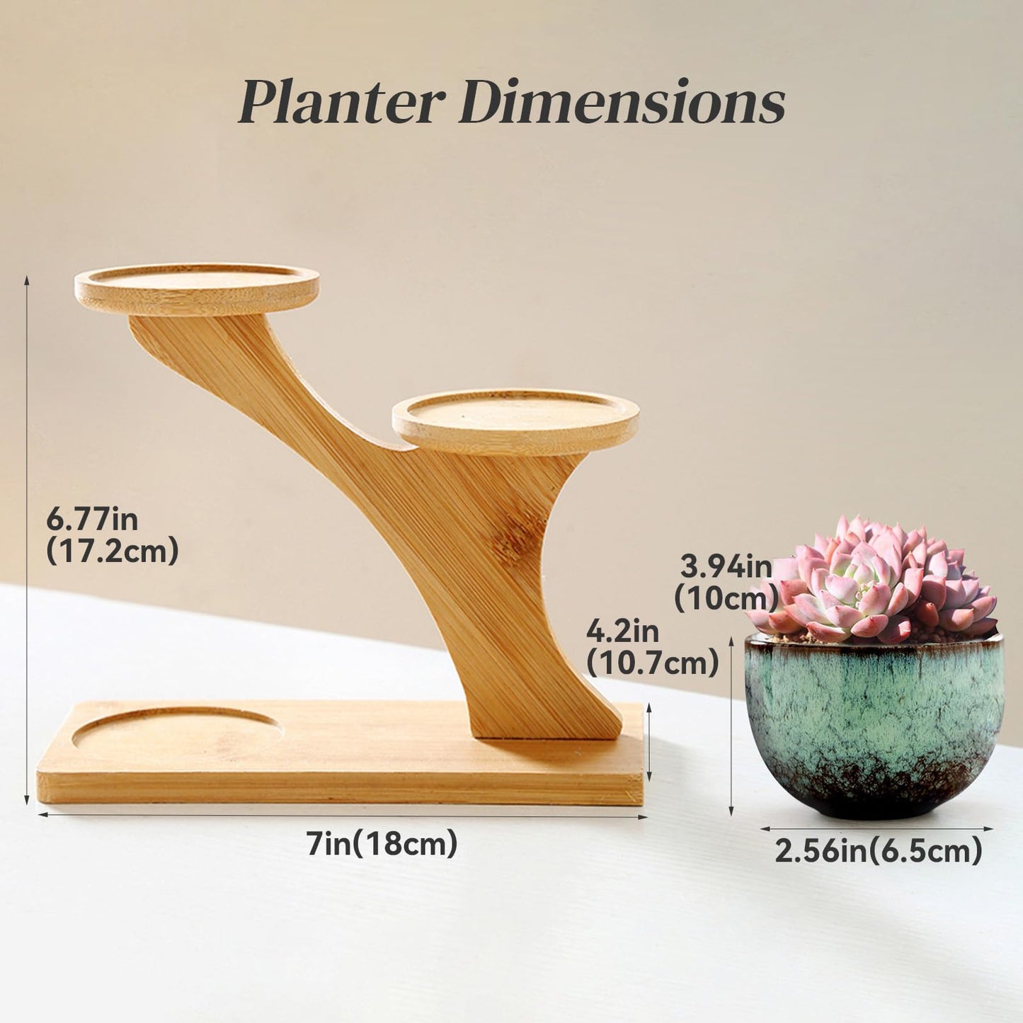 Jueison Succulent Pots with 3 Tier Bamboo Saucers Stand Holder Modern Decorative Ceramic Flower Pots with Drainage Mini Cactus Plant Pot Planters for Indoor Home Office Desk Garden Decor (#006)