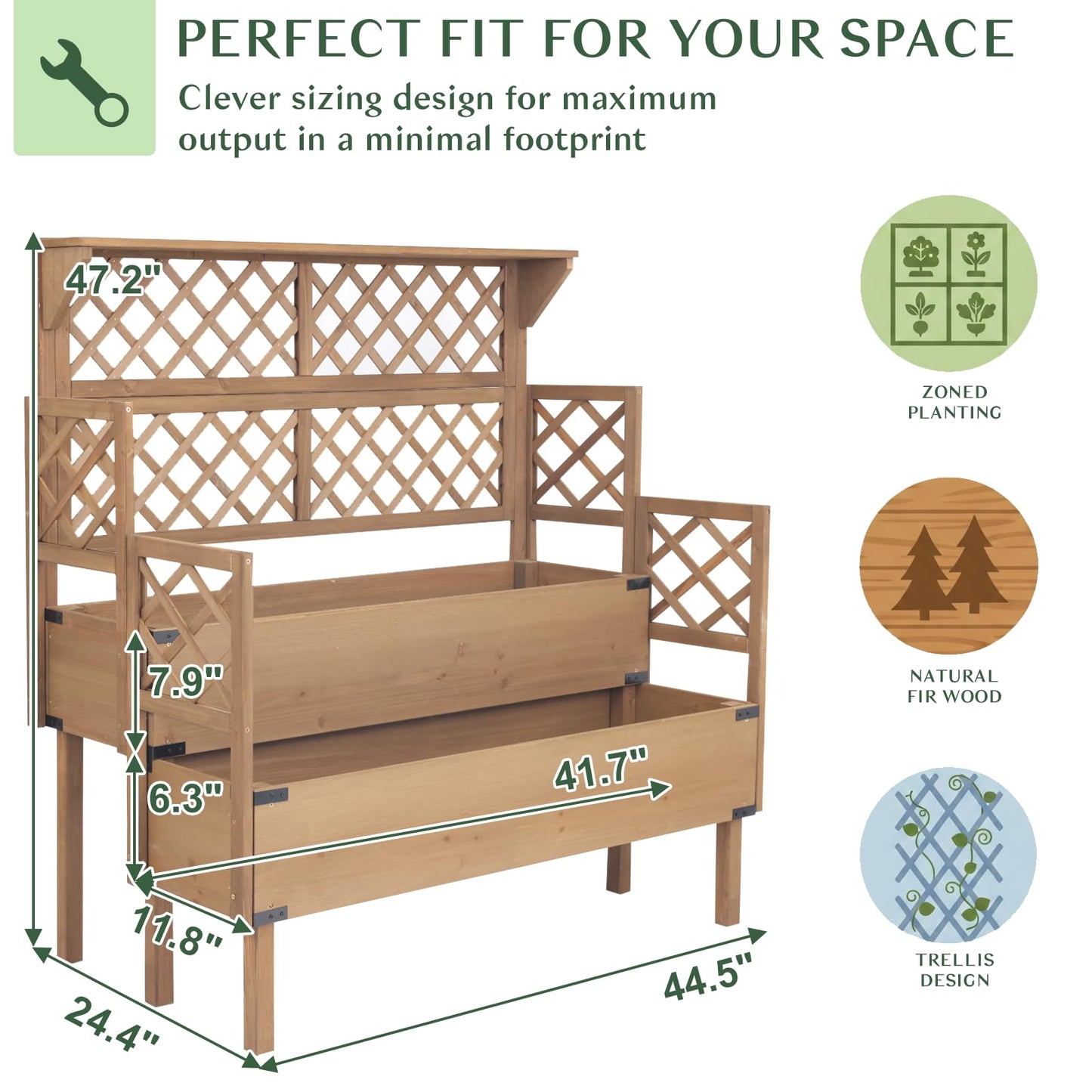 Magazoopet Raised Garden Bed with Trellis, 47''H Outdoor Flower Plant Stand with Two Planting Areas, Top Shelf, Liner, Elevated Garden Beds for Climbing Plants, Herb, Gift for Gardening, Brown