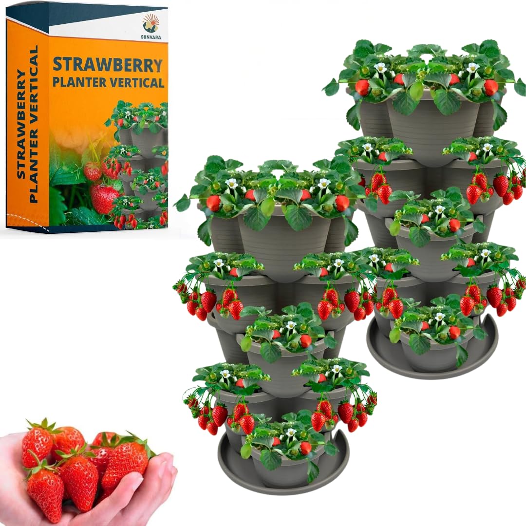 SunVara Strawberry Planter Vertical Gardening Stackable Planter Strawberry Tower 5 Tier Herb Outdoor Indoor 2 Pack