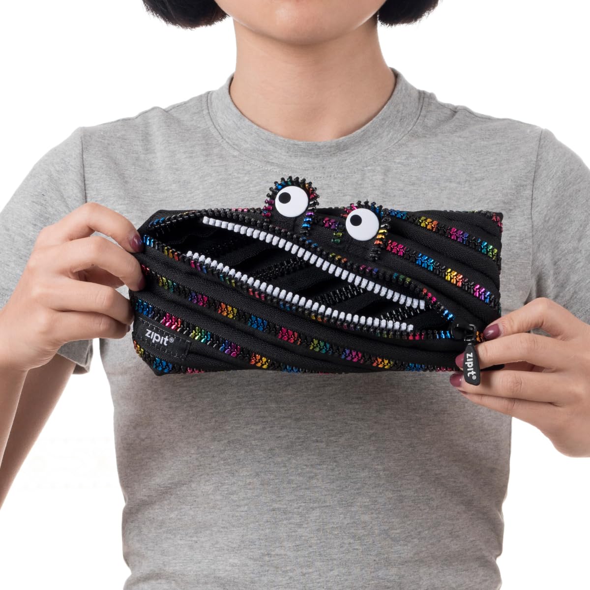 ZIPIT Monster Pencil Case for Kids, Cute Zipper Pouch for Boys Girls and Teens, Stationery Bag for School ,Black & Rainbow