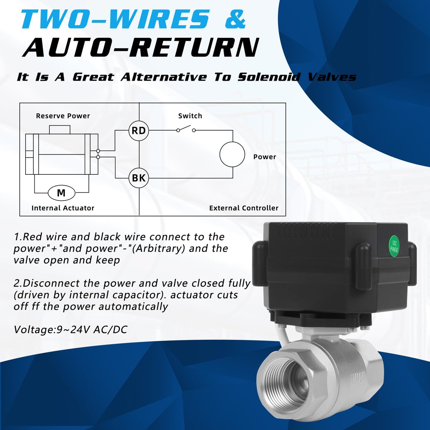 movafaFH 1" Motorized Ball Valve - 9-24V AC/DC Electric Water Valve 2 Wire Auto Return,with Full Port,Stainless Steel