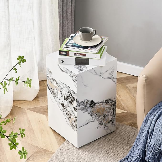 End Table, Side Table Living Room Table, Faux Marble Sofa Couch White Bedside