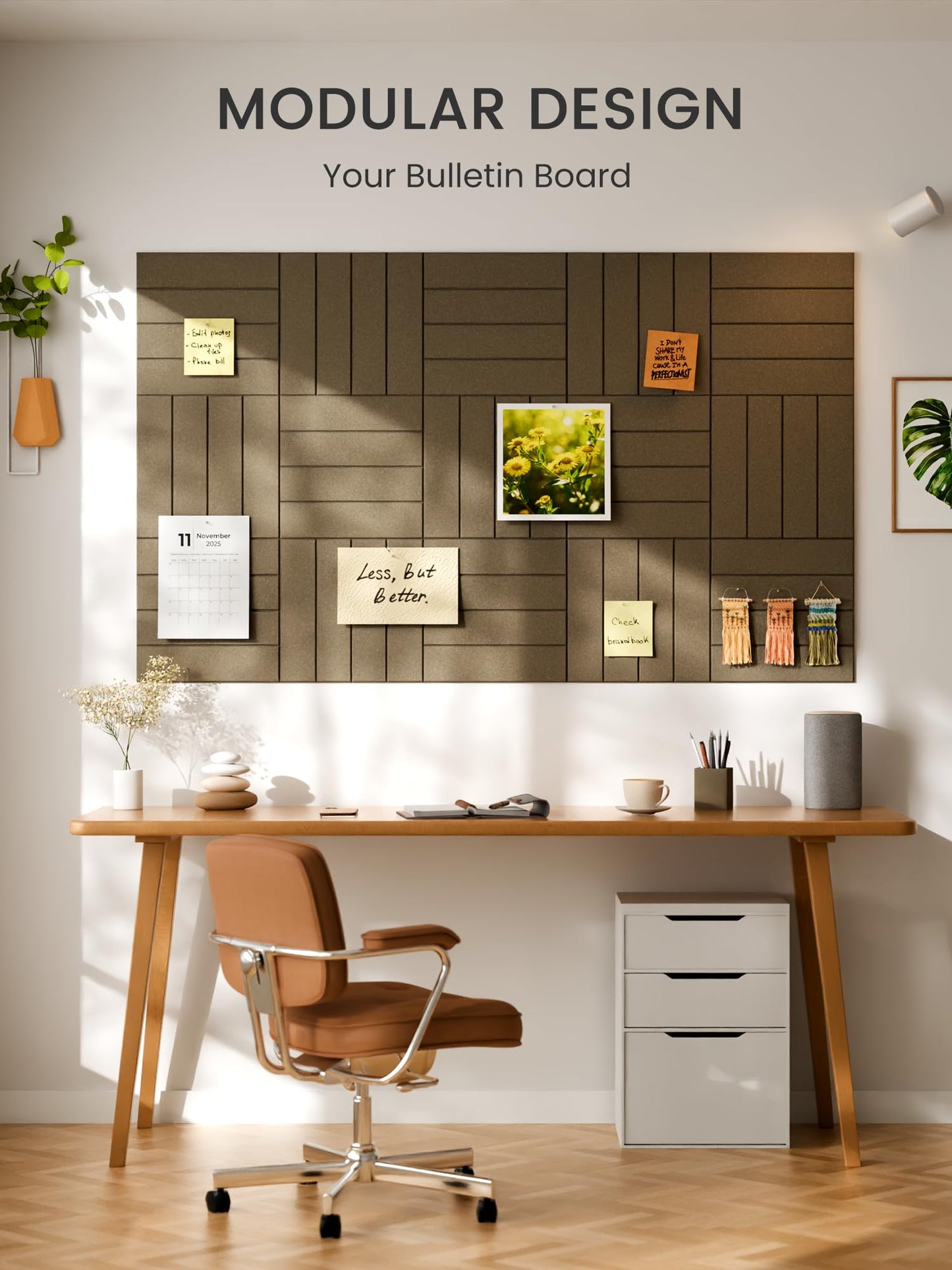 Bumusty Large Cork Board Alternative-36 x 24" Felt Bulletin Board Tiles, with 30 Pushpins, 40 Adhesive Tabs, Bold-Stripe 6-Pack, Cork Boards for Office Push Pin Board Felt Board-Earth Brown