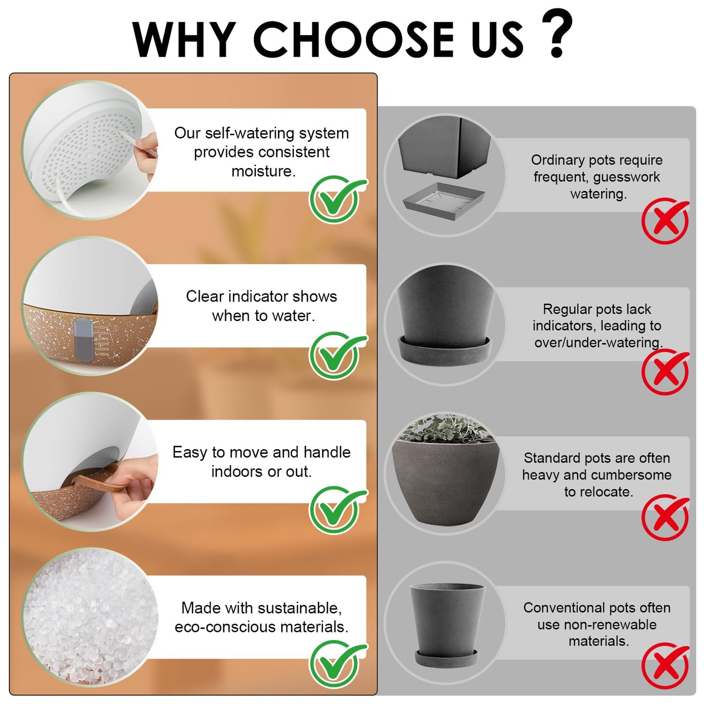 QRRICA 12/10/9 Inch Self-Watering Plant Pots with Water Level Indicator, Drainage Holes & Saucers – Large Plastic Planter Set for Indoor & Outdoor Plants (White)
