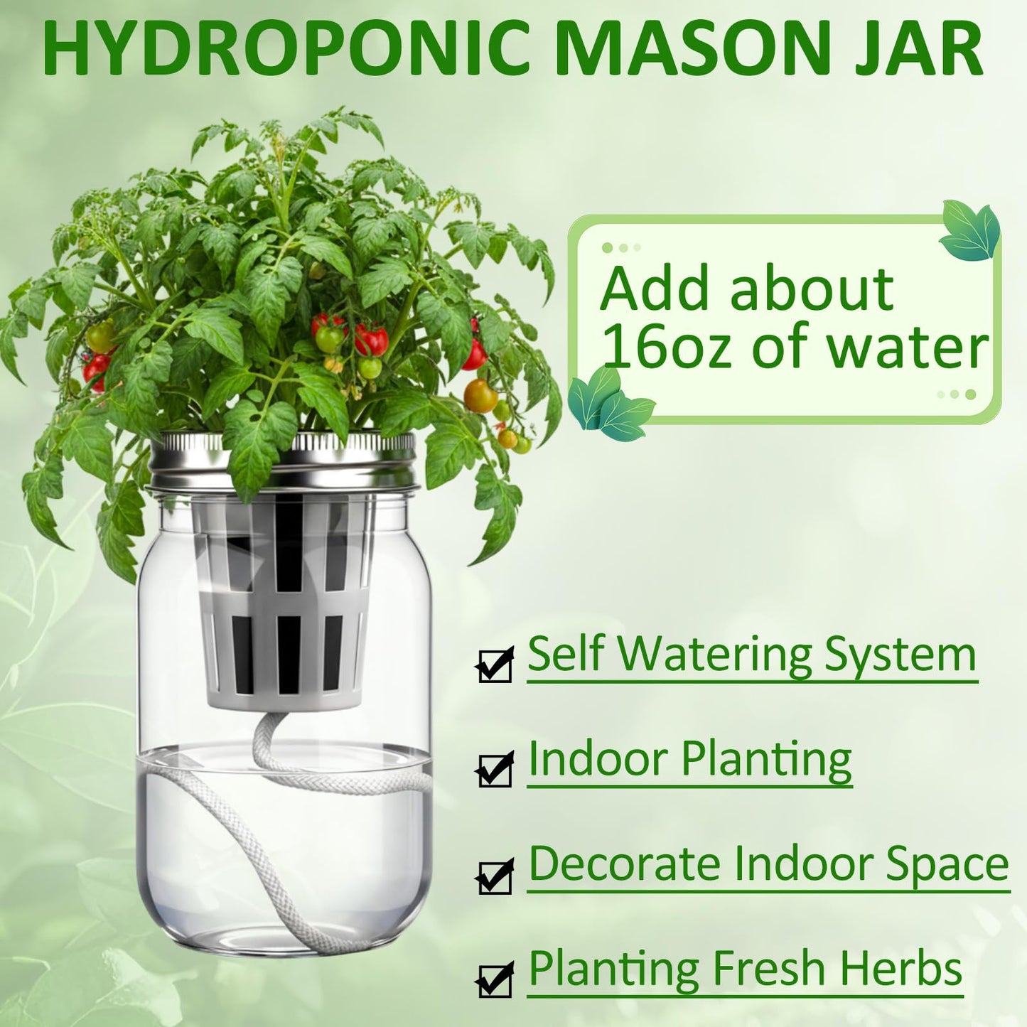Teenyyou 12 Set Hydroponic Garden Mason Jar Kit Self Watering Herb Hydroponic Planter Starter Kit with Net Pot Garden Flower Plant Growing Gift for Indoor Herbs Windowsill Gardening