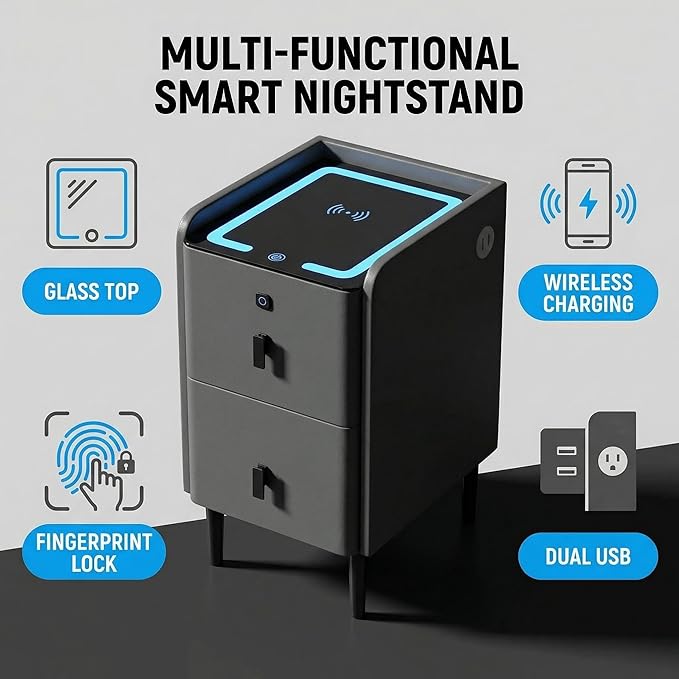 Smart Nightstand with Fingerprint Lock Drawers, Wireless Charging Support