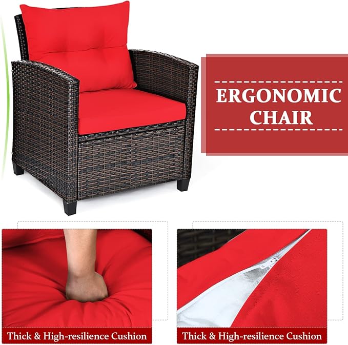 COSTWAY 3PCS Patio Furniture Set, PE Rattan Wicker Sofa w/Washable Cushion and